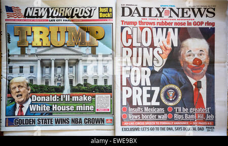 In primo piano del New York Post e il New York Daily News Mercoledì, 17 giugno 2015 un rapporto sul giorno precedente la novella di Donald Trump annunciando la sua esecuzione per il presidente degli Stati Uniti. (© Richard B. Levine) Foto Stock