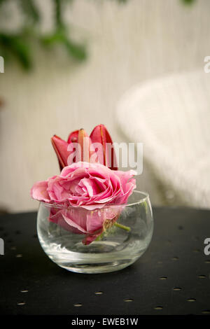 Jugenheim, Germania, rose e lily in un piccolo vaso di fiori Foto Stock