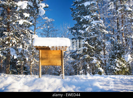 Informazioni segno nel paesaggio invernale Foto Stock