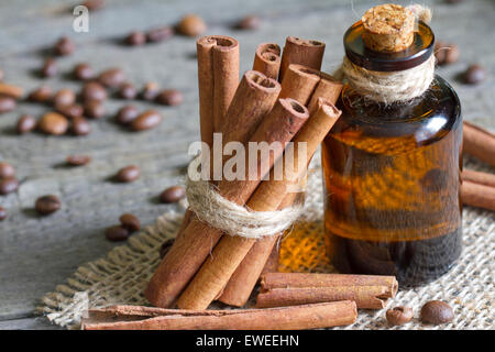 Bastoncini di cannella e una bottiglia di olio closeup Foto Stock