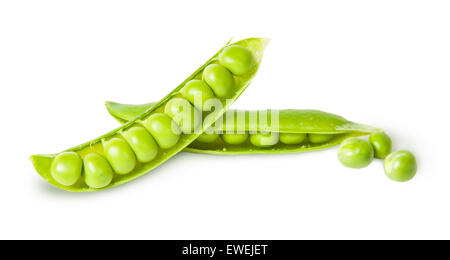 Due giovani divulgato pod di piselli verdi isolati su sfondo bianco Foto Stock