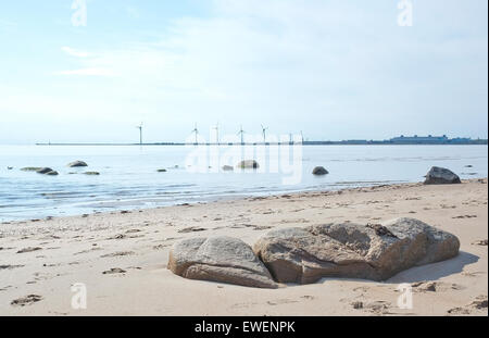 Mare energia eolica turbine pomeriggio di sole spiaggia paesaggio in Halland, Svezia. Foto Stock