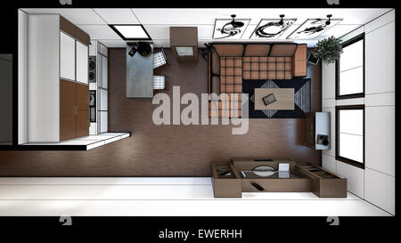 3D Interni rendering di un piccolo soppalco con le texture Foto Stock