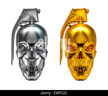 3D render del cranio come granata in argento e oro isolato su bianco Foto Stock