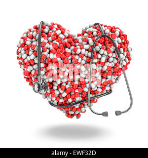 Cuore pillole stetoscopio, 3D render di medicina capsule cuore di formatura con uno stetoscopio avvolto intorno ad esso Foto Stock