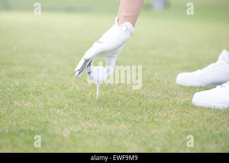Immagine ritagliata della donna mettendo palla sul tee da golf Foto Stock