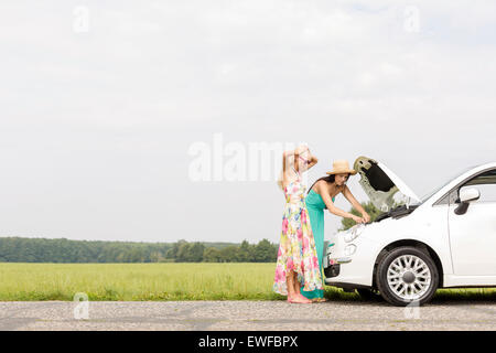 Amici esaminando ripartiti in auto sulla strada di campagna contro il cielo chiaro Foto Stock