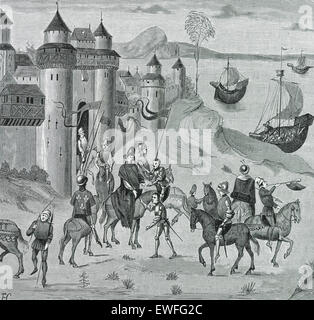 Louis II, duca di Borbone (1337-1410), chiamato il buon. Louis II a Genova, per condurre la spedizione contro i barbari in Nord Africa, 1390. Mahdian crociata. Incisione del 1881 dopo le cronache di Jean Froissart, manoscritto del XV secolo. Foto Stock