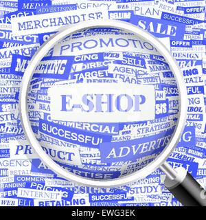 E-SHOP. Concetto di sfondo wordcloud illustrazione. Il concetto di stampa word cloud. Graphic collage. Illustrazione Vettoriale