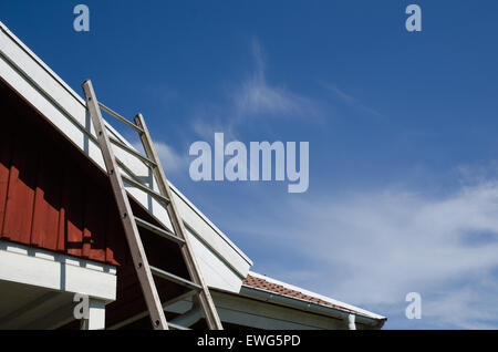 Scaletta pronta per la riparazione di un tetto di tegole Foto Stock