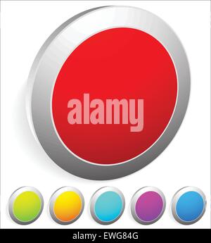3d pulsanti, perni, i badge con spazio vuoto, rosso, verde, arancio, aqua, viola e blu. Illustrazione Vettoriale
