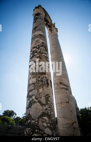 Le rimanenti colonne permanente presso gli antichi romani il teatro classico (Théâtre Antique) in Arles, Francia. Foto Stock