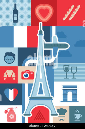 Collage illustrativa che rappresentano la vita della città e luoghi di interesse turistico di Parigi, Francia Foto Stock