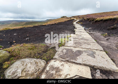 La brughiera di restauro. Un percorso di pietra attraverso un gravemente eroso moro sulla Kinder Scout, Derbyshire, Parco Nazionale di Peak District, England, Regno Unito Foto Stock