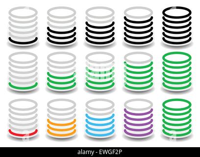 Cilindro arrotondato del progresso, passaggi, gli indicatori di fase. vettore. Pienezza, concetto di completamento. Illustrazione Vettoriale