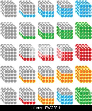 Cubi realizzati da sfere come progresso o indicatori di livello. Passi, fasi, stadi, progresso, la progressione. Illustrazione Vettoriale