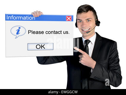 Call center uomo con contattaci messaggio Foto Stock