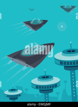 Astronave volare nello spazio per torri di comunicazione Foto Stock