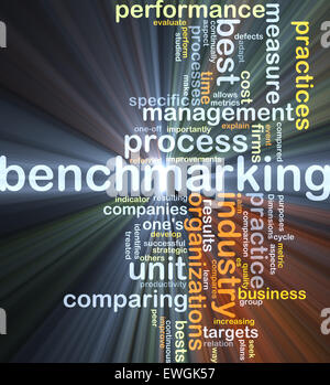 Concetto di sfondo wordcloud illustrazione di benchmarking luce incandescente Foto Stock