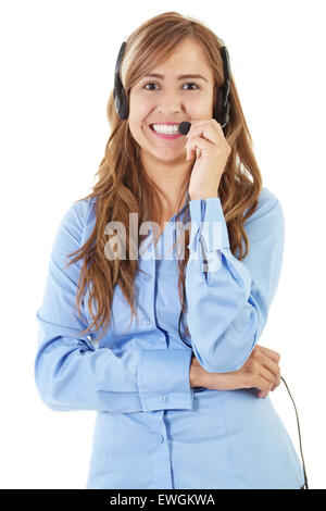 Immagine Stock femminile di operatore di call center su sfondo bianco Foto Stock