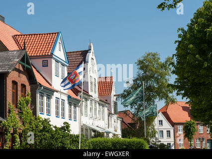 Nord tradizionale Frisone facciate sono tipiche per la città vecchia di Tönnning, una piccola porta sulla penisola di Eiderstedt, Germania Foto Stock