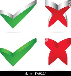 Unico segno di spunta verde, croce rossa. Illustrazione Vettoriale