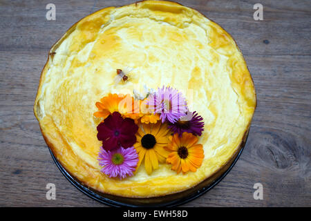 Berlino, Germania, cheesecake è decorato con fiori e arte bee Foto Stock