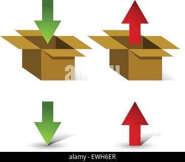 3d di scatole con le frecce in su e in giù e frecce isolato con propria ombre uniche. Caricare, scaricare o di logistica, imballaggio, esportazione Illustrazione Vettoriale