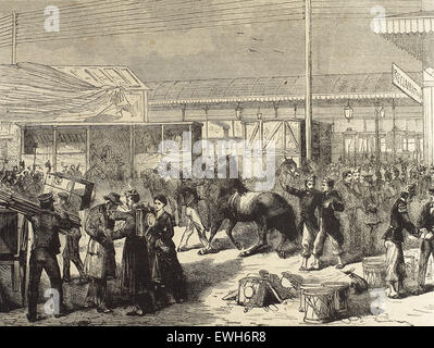 Guerra franco-prussiana. 1870-1871. Conflitto tra il secondo impero francese e gli stati tedeschi del Nord tedesco Confederazione guidata dal Regno di prussiano. Le truppe francesi prendere il treno a Parigi. Incisione di Yon. La Ilustracion Española y Americana, 1870. Foto Stock