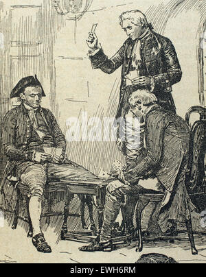 Rivoluzione francese. 1789-1799. Conteggio di Ferrers giocando a carte con i suoi carcerieri prima della sua esecuzione. Incisione. Xix secolo. Foto Stock