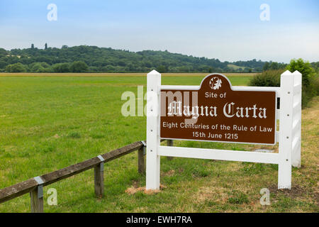 Il National Trust segno / segnaletica / post; Runnymede, Surrey. Regno Unito. Runnymede è stato il sito della firma della Magna Charta nell'anno 1215. Foto Stock