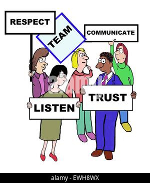 Business cartoon di imprenditori azienda segni, 'team: rispetto, comunicare, fiducia, ascolta". Foto Stock