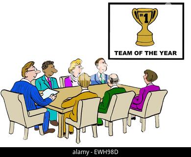 Business cartoon di riunione e grafico che legge, 'team dell'anno". Foto Stock