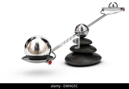 Due sfere di dimensioni diverse su un altalena su sfondo bianco, uno squilibrio di un concetto o di un simbolo Foto Stock
