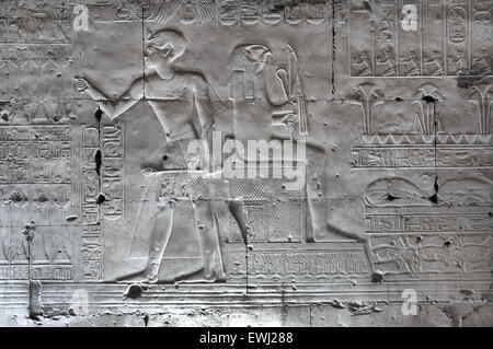 Abydos,l'Egitto, il tempio mortuario del faraone Seti I, Menmaatra, (XIX° DYN. 1321-1186 a.C.) - incisioni sulla parete Foto Stock