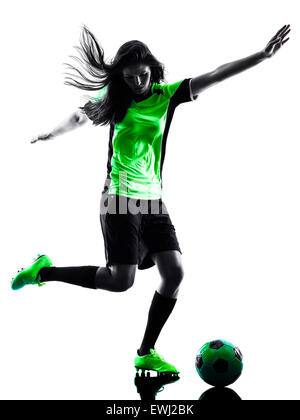 Una donna che giocano a calcio player in silhouette isolati su sfondo bianco Foto Stock