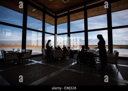 Mendoza. Il 24 giugno 2015. Immagine presa il 24 giugno 2015 illustra ai visitatori con pranzo presso il ristorante "urbano" della O. Fournier cantina in La Consulta città, provincia di Mendoza, 1,170km della città di Buenos Aires, Argentina. © Martin Zabala/Xinhua/Alamy Live News Foto Stock