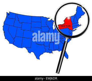 Mappa degli Stati Uniti d'America con lo stato di New York in rosso sotto una lente di ingrandimento Foto Stock