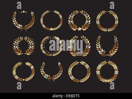 Set di gold award di corone di alloro e filiali Illustrazione Vettoriale
