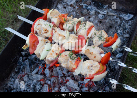 La cottura alla griglia spiedini su barbecue grill. Foto Stock