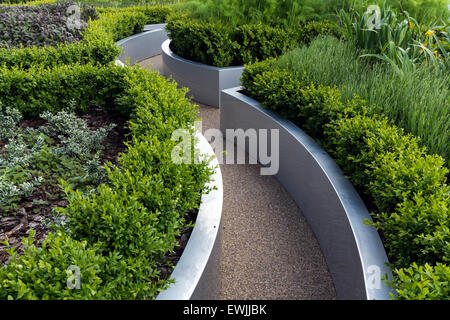 Particolare del giardino sul tetto aiuole di fiori sulla biblioteca di Birmingham. Sollevate i letti riempiti soprattutto con le erbe aromatiche e un percorso di curvatura. Foto Stock