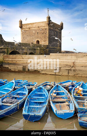 Blu barche da pesca nel porto di Essaouira, Marocco, Africa Foto Stock