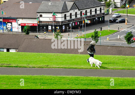 Quartiere di Bogside guardando giù dalle mura della città. Derry, Londonderry. Contea di Londonderry. L'Irlanda del Nord. Regno Unito Foto Stock