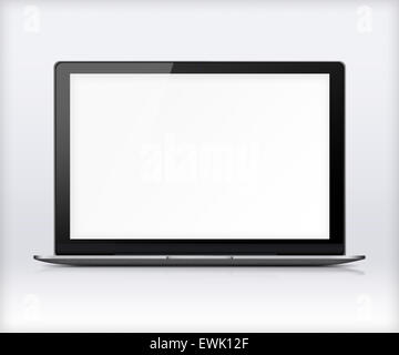 Moderni laptop lucido con schermata bianca vuota, riflessione e ombre su sfondo grigio. Altamente dettagliata illustrazione. Foto Stock