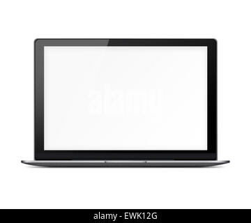 Moderni laptop lucido con schermata bianca vuota e ombre isolati su sfondo bianco. Altamente dettagliata illustrazione. Foto Stock