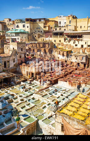 Tradizionale in pelle Chouwara conceria, Medina di Fez, Marocco, Africa Foto Stock