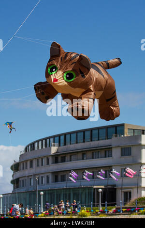 Morecambe, Lancashire, Regno Unito 27 Giugno, 2015. Catturare il vento il Kite Festival un festival annuale sul lungomare di Morecambe, quando per tutta la giornata i cieli sono pieni delle più spettacolari forme, colori e pussycat creazioni degli animali. In primo piano sono state singola linea mostra aquiloni di tutti i tipi e dimensioni, incluso un massiccio 40 piedi di altezza di una grande e lunga marrone gonfiabile Cat garantita per spaventare il heck fuori di qualsiasi animali sulla spiaggia, visto qui sorvolare il Midland Hotel. Foto Stock