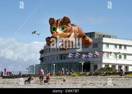 Morecambe, Lancashire, Regno Unito 27 Giugno, 2015. Catturare il vento il Kite Festival un festival annuale sul lungomare di Morecambe, quando per tutta la giornata i cieli sono pieni delle più spettacolari forme, colori e pussycat creazioni degli animali. In primo piano sono state singola linea mostra aquiloni di tutti i tipi e dimensioni, incluso un massiccio 40 piedi di altezza di una grande e lunga marrone gonfiabile Cat garantita per spaventare il heck fuori di qualsiasi animali sulla spiaggia, visto qui sorvolare il Midland Hotel. Foto Stock