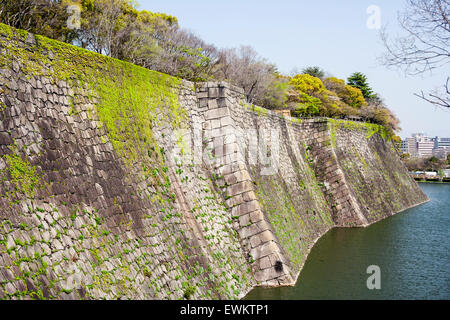 Il castello di Osaka. Alta zig-zagging ishigaki muri in pietra del ninomaru con delicata curva inferiore, chiamato sangizumi. Fossato acqua alla base della parete. Foto Stock