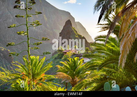 Masca villaggio con la sua caratteristica pinnacle nel centro, Tenerife, Isole Canarie Foto Stock